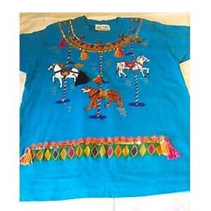T Shirt Basil Carousel Tassels Jewels Sequin OS Turquoise HandDecorated Vintage